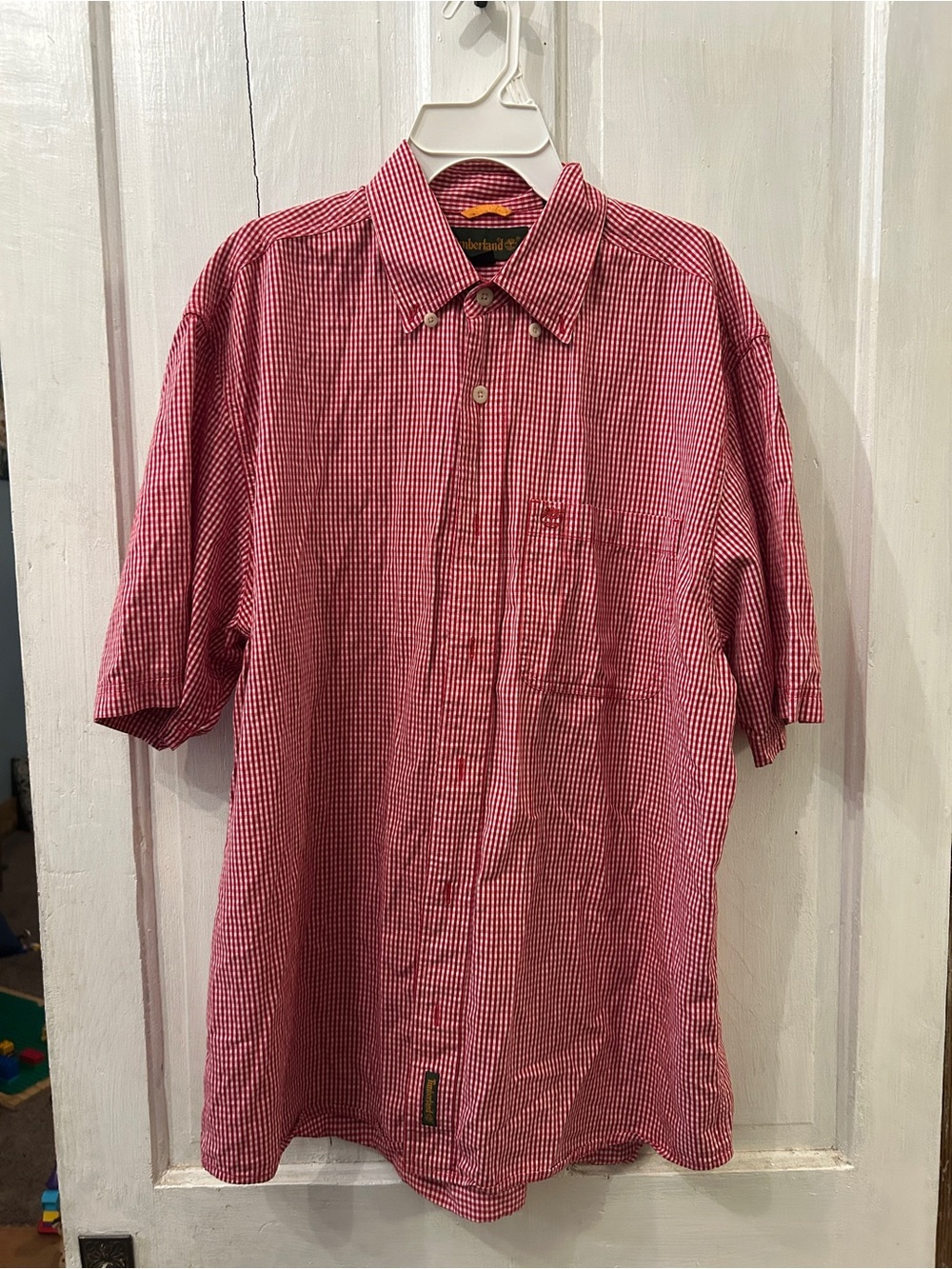 Timberland Red and White Checked Short-Sleeve Button-Down Shirt